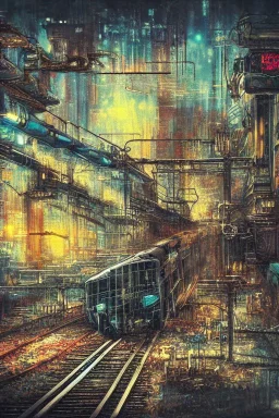 Insanely detailed cyberpunk, technopunk, steampunk train on a train track, high contrast, blurry Impressionist landscape background textured paint, luminism, hyperrealism, fine art CorporateMemphis