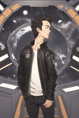 Male Half-Asian actor with cat ears in a leather jacket, on a spaceship deck