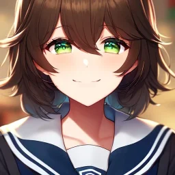 Clear focus,High resolution, brown short fluffy hair, long fluffy bangs, and green eyes, Depressed girl, wearing a sailor uniform, Smug smile, half closed eyes, smile, Extreme close up,