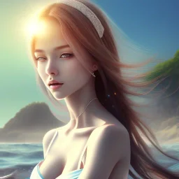 Insanely portrait of beautiful girl day, sunny, relaxing, sea, trees, real details anime style, realistic, glowing beach, 8k