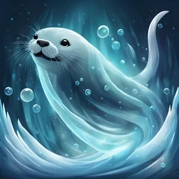 A graceful ice seal with saber fangs swimming under frozen sea with long silky fins and bubbles all around them as beams of ice and aurora swirl around them in card art style