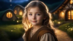 little young hobbit girl, beautiful, confident, calm, wise, happy, innocent, facing camera, head and shoulders, hobbit clothing, perfect eyes, LOTR village, hobbit homes with circular windows and doors, night scene, stars, fireflies, 16k artistic photography, exquisite composition, photorealistic concept art, soft natural volumetric light, chiaroscuro, award-winning photograph, masterpiece, style William-Adolphe Bouguereau