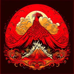 A red volcano with a fiery phoenix designed in Mehndi design