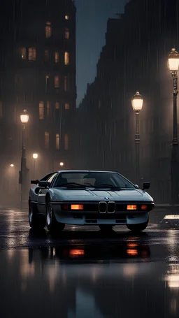 BMW M1 (1978–1981),rain,reflections,4k,raytracing,night,driving,1940s london background