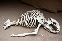 The petrified and crumbling skeleton of a huge creature lying upside down on the ground