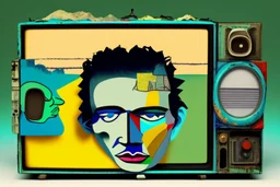 man with head inside a old tv in the style of Eileen Agar