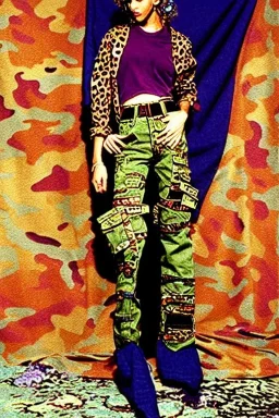 year 1997 denim fashion, "grunge combat pants", cargo, Loose fit, low waist, baggy. Colors: denim blue, blue, purple, khaki, light green, lilac, plum, orange, terracotta, red, pink, dark blue, beige. Patterns: cheetah, balls, stripes. cheetah belt. Something between camouflage and cheetah prints. Women models. Sharon Stone, Sandra Bullock, Winona Ryder, Milla Jovovich, Big tennis shoes on. Latex in small part, areas, clothes..Combat pants. Leg warmers.