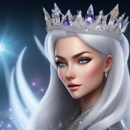 Ice Princess with white hair, a crown with precious stones, bright background