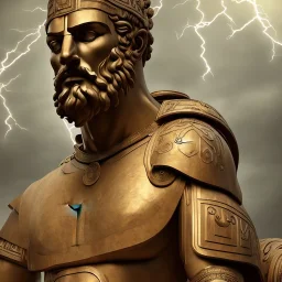 Digital Art of Sculpture of greek colossus sitting on a throne, lightning