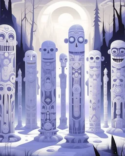 A pale light purple haunted EDM party with ghosts designed in pacific Northwest totem poles painted by Elioth Gruner