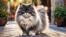 Create a beautiful full-length Persian Cat walking towards the camera taking its pose. Realism, hd, colors, home patio background. intricate details., Broken Glass effect, no background, stunning, something that even doesn't exist, mythical being, energy, molecular, textures, iridescent and luminescent scales, breathtaking beauty, pure perfection, divine presence, unforgettable, impressive, breathtaking beauty, Volumetric light, auras, rays, vivid colors reflects