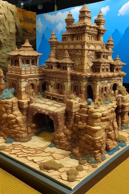 A brown castle made out of stone on a canyon designed in Mehndi design painted by Katsushika Hokusai