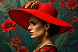 A bold and emotional portrait of a woman in profile wearing a wide red hat, in Frida Kahlo’s deeply symbolic and vibrant style. Surreal botanical background, intense expression, dramatic eyebrows, vivid reds, greens, and earth tones. Feminine strength and mystery. --v 7 --ar 2:3 --style raw --hd --q 2 --uplight --chaos 12