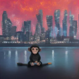 A monkey playing the drums, london skyline at night, oil painting