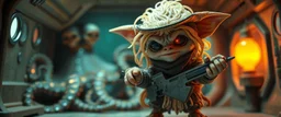 air brush 3d with pen outline,spaghetti boss gunslinger western fluffy elder gremlin edgy hero with slightly glowing eyes in front of glistening space octopi, shallow depth of field, warm lantern, pin hole cam in doll house space ship, bottom floor board edge border