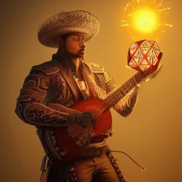 Insanely detailed photograph of an “ a heavily armed male mariachi holding glowing D20” with intricately detailed Sombrero, intricate charo, hyperdetailed painting by Ismail Inceoglu Huang Guangjian and Dan Witz CGSociety ZBrush Central fantasy art album cover art,8K, hdr, mysterious, flickeringlights ,Stoic