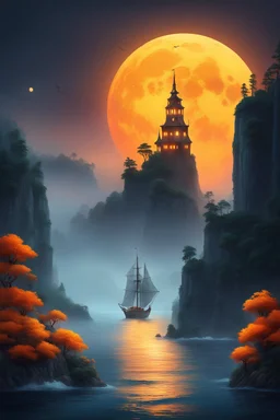 A sailing boat navigates the orange ocean towards a coast of red cliffhangers topped with ancient towers and a mysterious forest. The scene is shrouded in mist, illuminated by a decreasing yellow moon. The colors and elements combine to create a surreal and captivating atmosphere, hinting at hidden secrets. Adventure beckons in this heroic fantasy scene, inviting exploration and discovery.