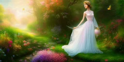 bright fairy, beautiful portrait, flowery landscape