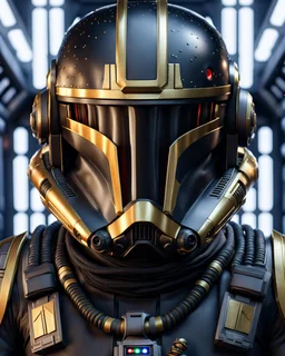 star wars bald male corellian pilot wearing dark gunmetal grey and black First Order special forces TIE pilot armored flightsuit and helmet with gold trim inside the jedi temple, centered head and shoulders portrait, hyperdetailed, dynamic lighting, hyperdetailed background, 8k resolution, volumetric lighting, light skin, fully symmetric details