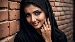 Hyper Realistic Photographic View Of a Beautiful Young Pashto Woman With Beautiful Eyes (& Eye Brows) & Beautiful Hands, & She Wearing Black Dress & Black Dupatta With Her Peeking-Half-Faced From A Brick-Wall Giving Bold Smile & Bold Expressions Putting Her That Hand On That-Brick-Wall At Dark Night Showing Dramatic & Cinematic Ambiance.