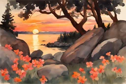 Amazing beautiful sunset, flowers, rocks, mountains, trees, epic, winslow homer watercolor paintings