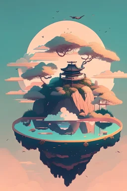Illustration of a floating island in the sky with a japanese garden on top of it in a lofi aesthetic style and ambient lighting