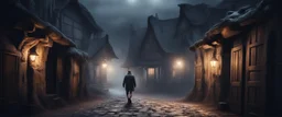 Hyper Realistic man walking between a prehistoric narrow street with ancient wooden houses gates at dark foggy night