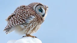 an owl perched on a white rock. The owl is facing towards the right side is turned slightly to the left. It has large, round, blue eyes that are piercing and appear to be looking directly at the viewer. Its body is covered in intricate patterns and feathers, giving it a realistic appearance. The background is a light blue color, making the owl stand out even more. The rock it is perched on is also white and appears to be made of snow or ice. The overall mood is peaceful and serene.