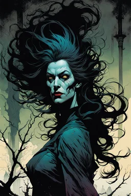 create an arcane, ethereal, otherworldly gaunt and withered ancient female Bruxa vampire , in the comic book art style of Mike Mignola, Bill Sienkiewicz, John Romita Jr., Leonardo Romero, Simone D'ARMINI, and Jean Giraud Moebius, with highly detailed and sharply defined feminine facial features , finely penciled and inked , dramatic natural lighting