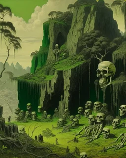 A green cliff with bones designed in Javanese shadow puppets painted by Ivan George Inness