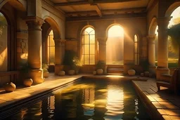 /imagine prompt: a dreamy luxury room in ancient ruins, with a pool in a yard, Cinematic, Warm Color Palette, 32k, Full-HD, Happy, Sunlight, sunset