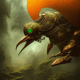 a digital art ibis in metallic gold and orange and green battle armor, in a hurricane, a highly detailed illustration, background of Celtic jungle, realistic render, 8 k, micro detail, intricate, elegant, centered, digital painting, Artstation, smooth, sharp focus, illustration, artgerm, tomasz alen kopera, peter mohrbacher, donato giancola, joseph christian leyendecker, wlop, boris vallejo