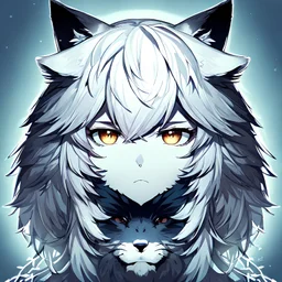 in anime, a female portrait with wolf ears, whiskers, and black-and-white colors.