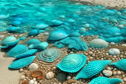 A turquoise beach with seashells painted by Antoni Gaudi