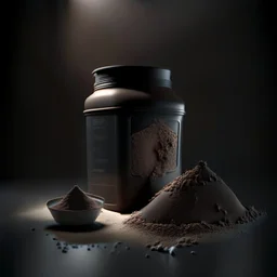 Realistic photograph of a dark studio with a container for protein powder, a scoop of protein powder. High resolution.