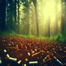 a forest made of cigarette butts. post-apocalyptic, hyperdetailed, lens flare, bokeh, low-key lighting, kodachrome