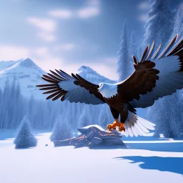 eagle, feathers, extremely sharp detail, finely tuned detail, ultra high definition, 8k, unreal engine 5, ultra sharp focus, summer ambiance, snowy mountains