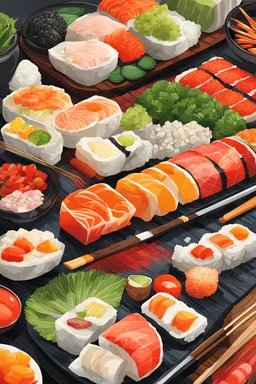 "Draw a sushi preparation. Use lots of vibrant colors and make the illustration very detailed and high-quality."