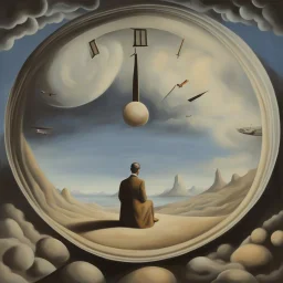 person alone in planet,cover art, surrealist painting called 'today I am thinking about time by dali and picasso and magritte and Breughel