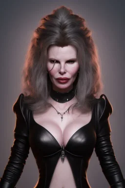 Kim Basinger as evil queen in black leather, busty, cleavage, curvy, angry, happy, stern look. character design by cory loftis, fenghua zhong, ryohei hase, ismail inceoglu and ruan jia. unreal engine 5, artistic lighting, highly detailed, photorealistic, fantasy