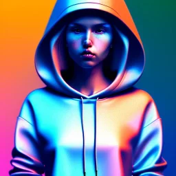 woman teenager, hoodie, retro futuristic, leather dress, gradient color, BLUE, PINK, CYAN, neon, insanely detailed, 16k resolution, perfect eyes, cinematic smooth, intricate detail