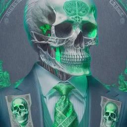 a head and shoulders portrait of a skeleton dressed in a three-piece suit as the president of the united states, based on us currency, united states one dollar bill, shades of green, real-life, colors match the united states one dollar bill, realistic, robotic,