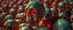 a field of 1000s of psychedelic psilocybin induced anatomically correct, skulls, vivid RANDOM BRIGHT neon colors, dark comedy, well lit, high detail, photorealistic, horrorcore, fun, scary, none featured, each a different color or hue, close to anatomically correct