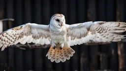 angel's view back to the camera a barn owl fly back from the top view flying over a winter small village, snowy landscape, little light, sunrise, some small Hungarian old country houses from above, perspective, high detailed, sharp focuses, photorealistic, cinematic