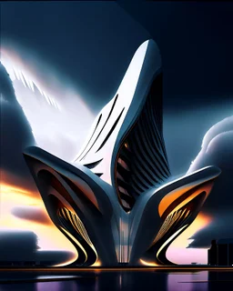 Edificio estilo Zaha Hadid, arte digital, calidad ultra, nubes, personas, 8k 3D