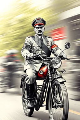mexican general Hitler on old bike, airbrush and pen outline, motion blurred background