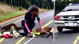 upset lady tries to revive deer on the highway using CPR or Mouth to Mouth