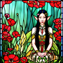 Stained Glass Art Nouveau art style A beautiful as a model asian woodland elf princess who looks like a young Lucy Liu seated on a throne surrounded by poppies and marijuana plants in a mystical forest, photo-realistic