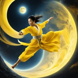 [fractal art: Apophysis, Mandelbulb 3d, Ultra Fractal] Michelle Yeoh as a martial artist monk in a yellow suit is jumping in the air next to planet with a large moon [Crouching Tiger, Hidden Dragon]