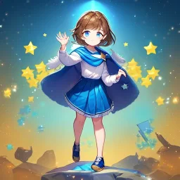 Clear focus, High resolution, A anime teen, cute, rough line skecth, star around kid, sparkling eyes, medium fluffy brown hair, blue sparkling eyes, 1girl (solo), wearing a blue snow cloak and a white shirt, epic battle stance, (((Full body))), yellow stars on skirt, blue skirt